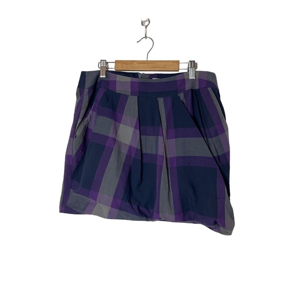 Karen Millen Purple Cotton Plaid Mini Skirt Faux Wrap Bubble Hem Pleated Size 8